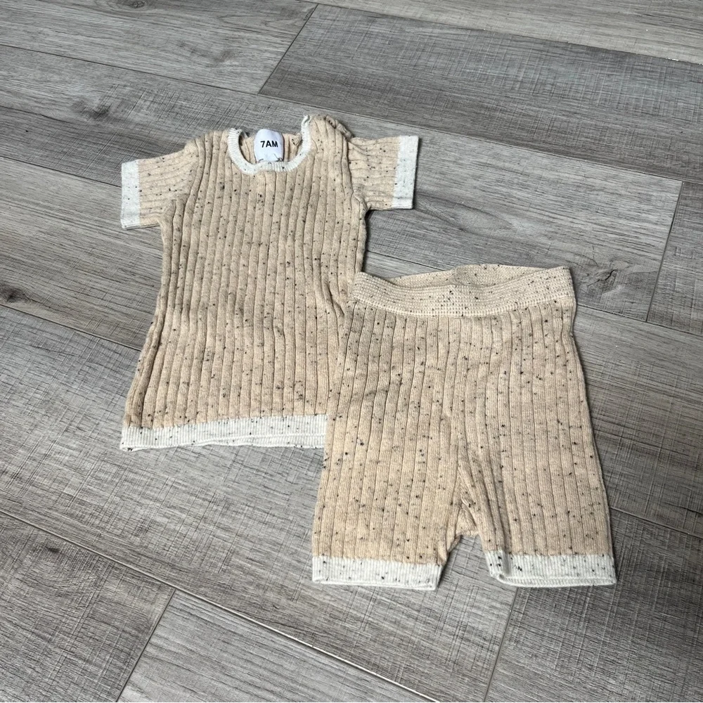 Beige Tan Ribbed Short Sleeve Top & Bottom Set - Cozy Matching Outfit - Cotton